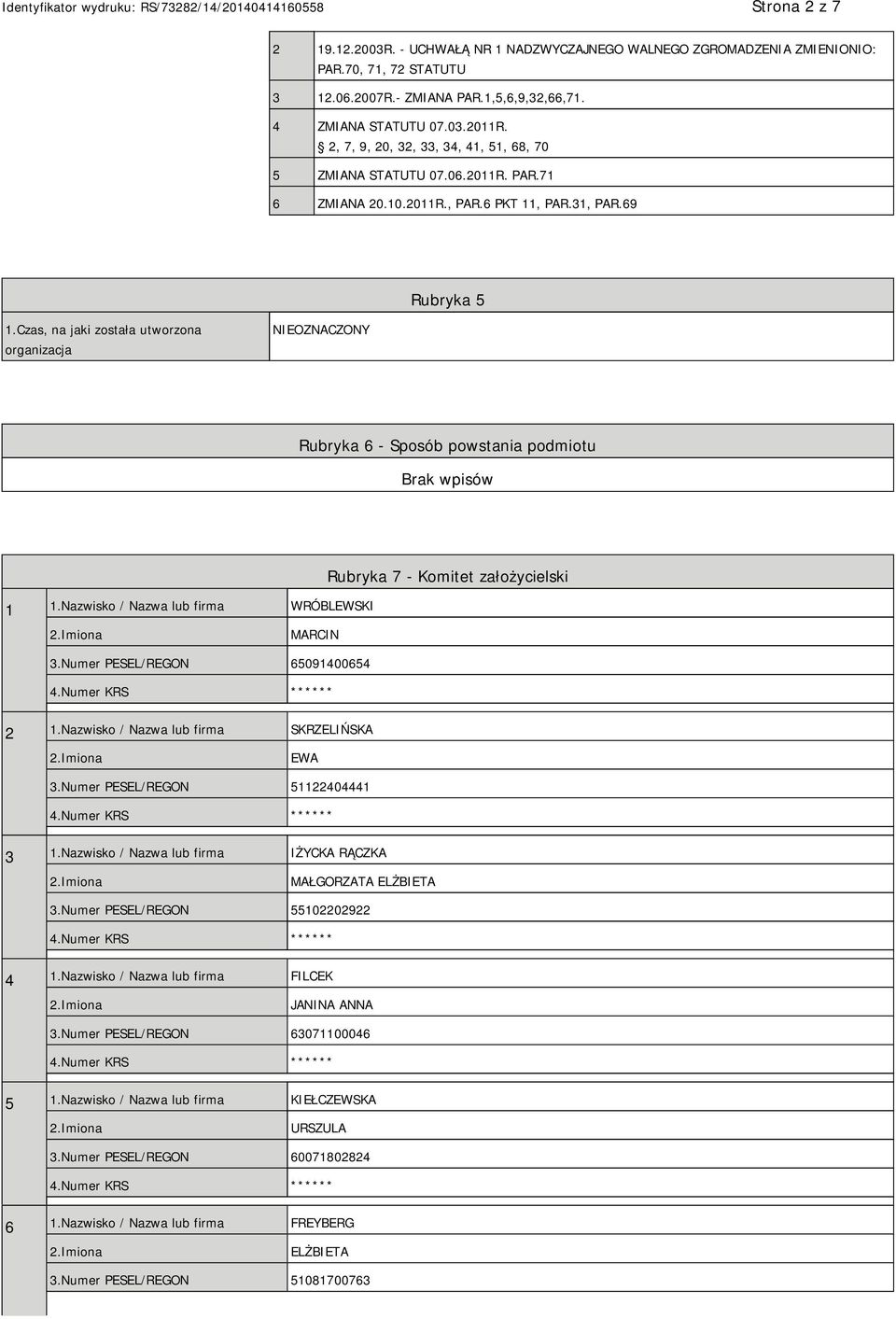 Czas, na jaki została utworzona organizacja NIEOZNACZONY Rubryka 6 - Sposób powstania podmiotu 1 1.Nazwisko / Nazwa lub firma WRÓBLEWSKI Rubryka 7 - Komitet założycielski MARCIN 3.