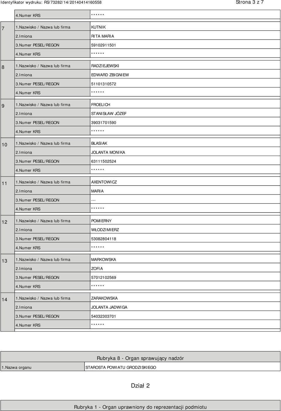 Nazwisko / Nazwa lub firma AXENTOWICZ MARIA 3.Numer PESEL/REGON --- 12 1.Nazwisko / Nazwa lub firma POMIERNY WŁODZIMIERZ 3.Numer PESEL/REGON 53082804118 13 1.