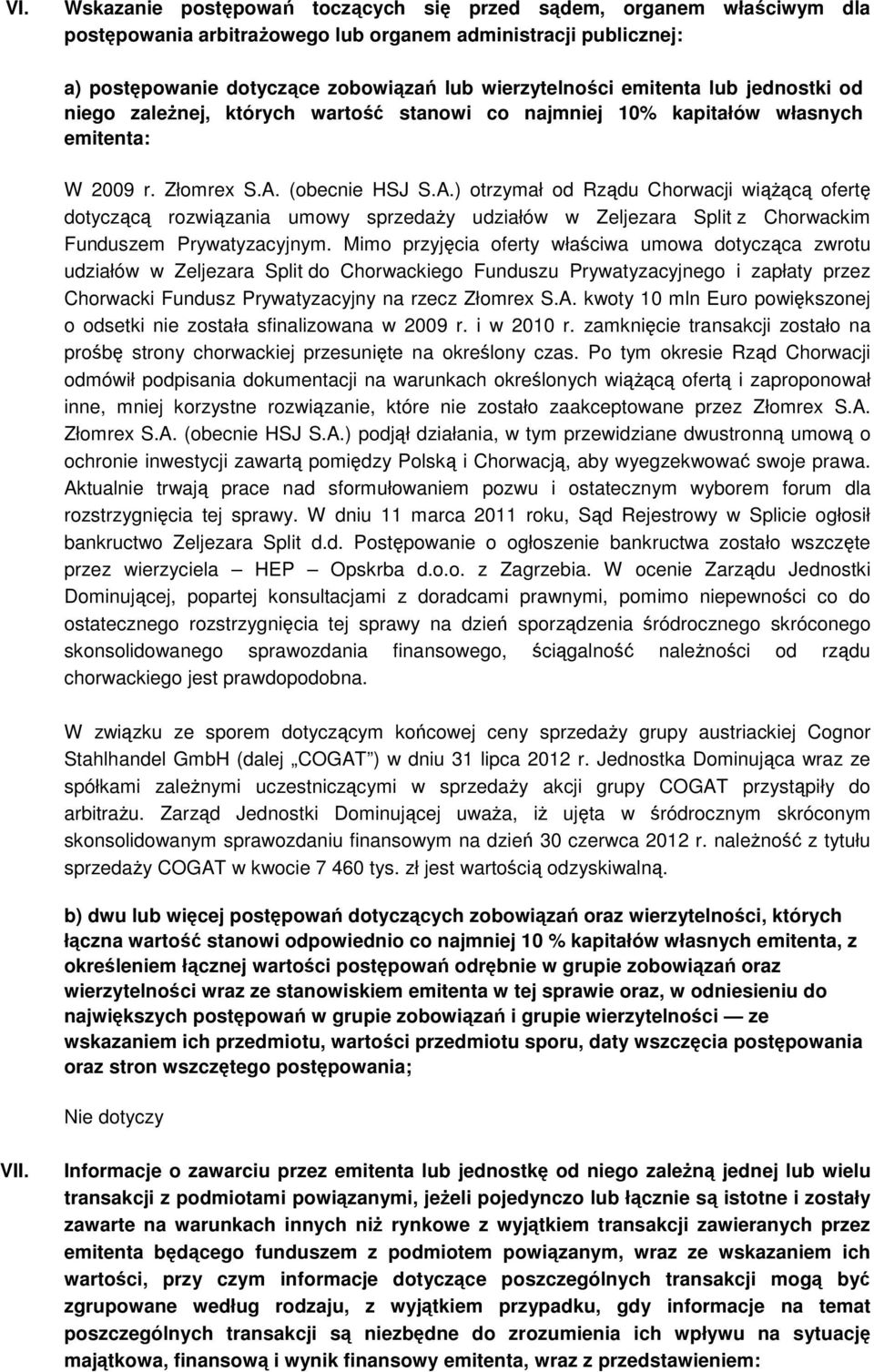 (obecnie HSJ S.A.) otrzymał od Rządu Chorwacji wiąŝącą ofertę dotyczącą rozwiązania umowy sprzedaŝy udziałów w Zeljezara Split z Chorwackim Funduszem Prywatyzacyjnym.