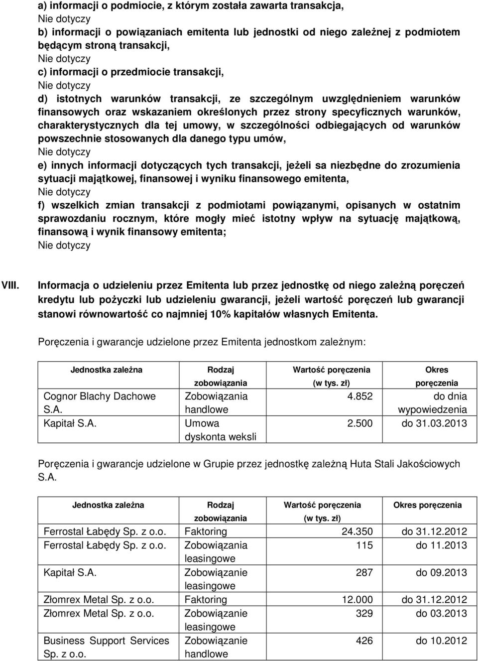 tej umowy, w szczególności odbiegających od warunków powszechnie stosowanych dla danego typu umów, e) innych informacji dotyczących tych transakcji, jeŝeli sa niezbędne do zrozumienia sytuacji