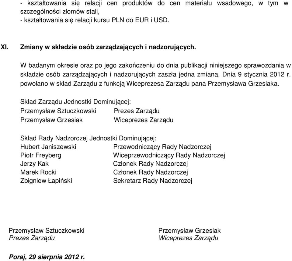 W badanym okresie oraz po jego zakończeniu do dnia publikacji niniejszego sprawozdania w składzie osób zarządzających i nadzorujących zaszła jedna zmiana. Dnia 9 stycznia 2012 r.