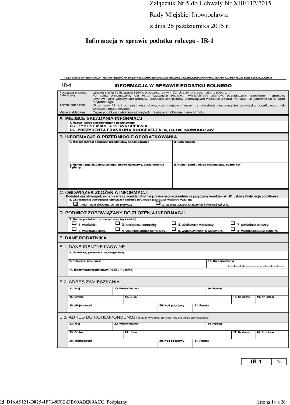 Informacja w sprawie podatku rolnego - IR-1 Id: