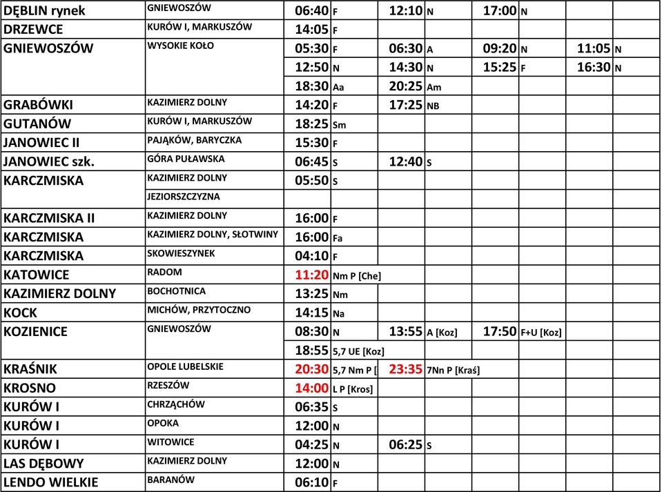 GÓRA PUŁAWSKA 06:45 S 12:40 S KARCZMISKA KAZIMIERZ DOLNY 05:50 S JEZIORSZCZYZNA KARCZMISKA II KAZIMIERZ DOLNY 16:00 F KARCZMISKA KAZIMIERZ DOLNY, SŁOTWINY 16:00 Fa KARCZMISKA SKOWIESZYNEK 04:10 F