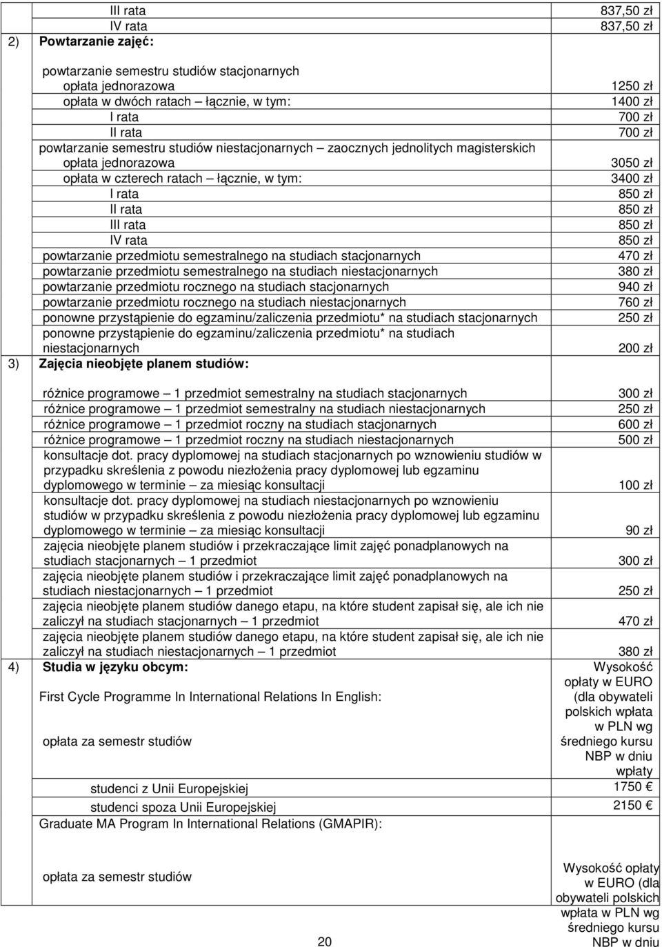 ponowne przystąpienie do egzaminu/zaliczenia przedmiotu* na studiach stacjonarnych ponowne przystąpienie do egzaminu/zaliczenia przedmiotu* na studiach niestacjonarnych 837,50 zł 837,50 zł 1250 zł 1