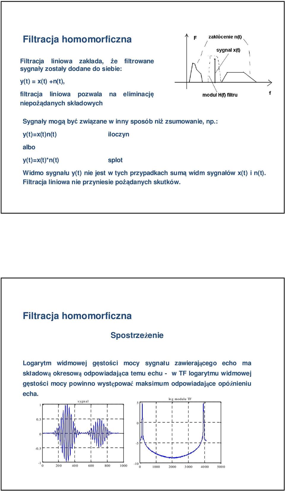 : y(t=x(tn(t iloczyn albo y(t=x(t*n(t splot Widmo sygnału y(t ni jst w tych przypadkach sumą widm sygnałów x(t i n(t. Filtracja liniowa ni przynisi pożądanych skutków.