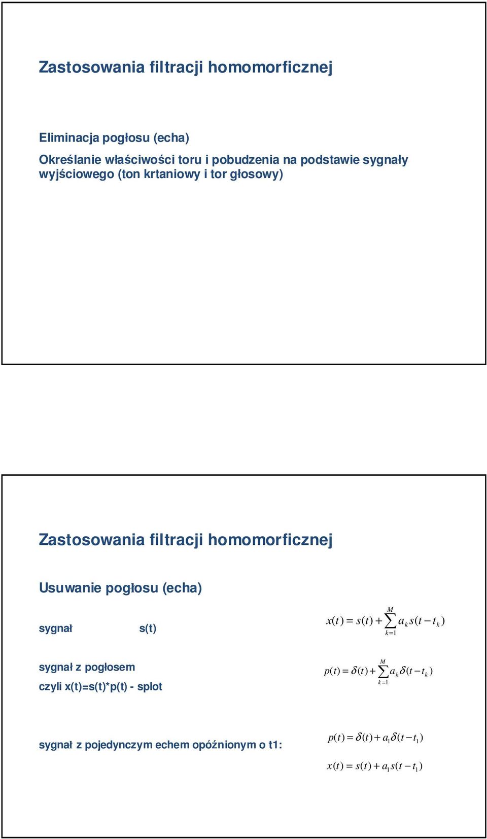 pogłosu (cha sygnał s(t x( t = s( t + M a s( t k t k k= sygnał z pogłosm czyli x(t=s(t*p(t - splot M p( t