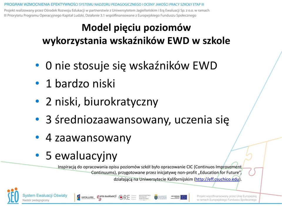 opracowania opisu poziomów szkół było opracowanie CIC (Continuos Improvement Continuums), przygotowane