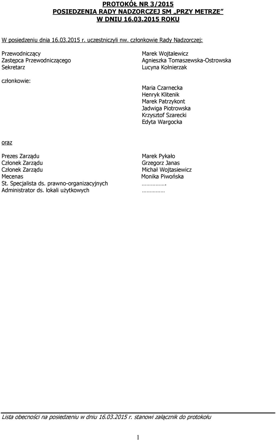 Czarnecka Henryk Klitenik Marek Patrzykont Jadwiga Piotrowska Krzysztof Szarecki Edyta Wargocka oraz Prezes Zarządu Członek Zarządu Członek Zarządu Mecenas St.