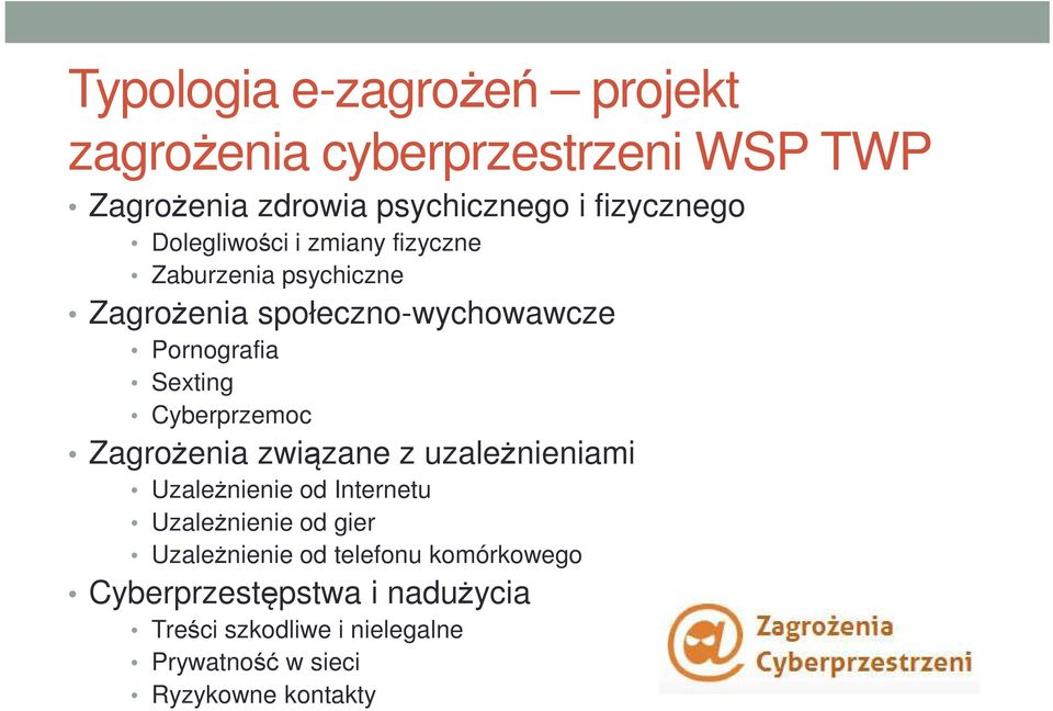 Cyberprzemoc Zagrożenia związane z uzależnieniami Uzależnienie od Internetu Uzależnienie od gier Uzależnienie