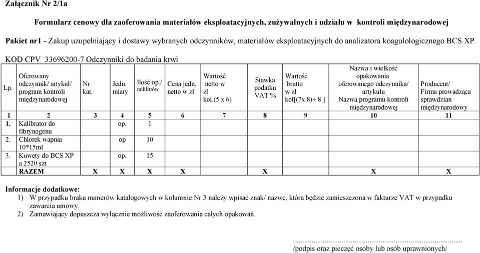 miary op./ mililitrów Cena jedn. netto w zł netto w zł kol.