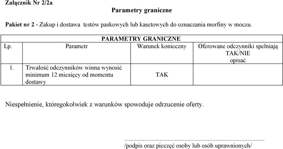 Parametr Warunek konieczny Oferowane odczynniki spełniają TAK/NIE opisać 1.