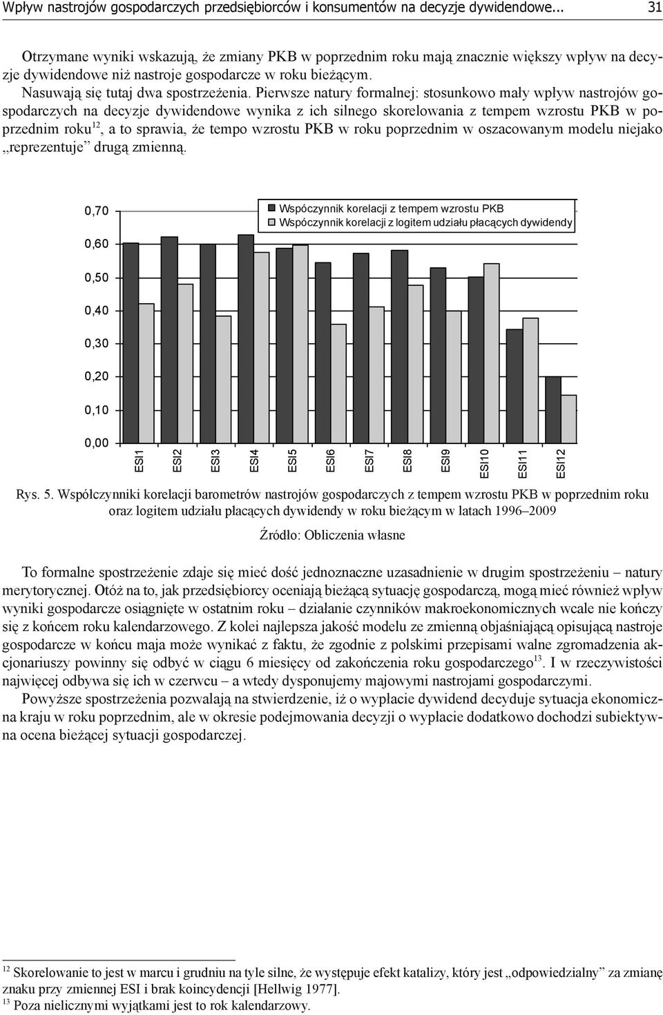 Pierwsze natury formalnej: stosunkowo mały wpływ nastrojów gospodarczych na decyzje dywidendowe wynika z ich silnego skorelowania z tempem wzrostu PKB w poprzednim roku 12, a to sprawia, że tempo