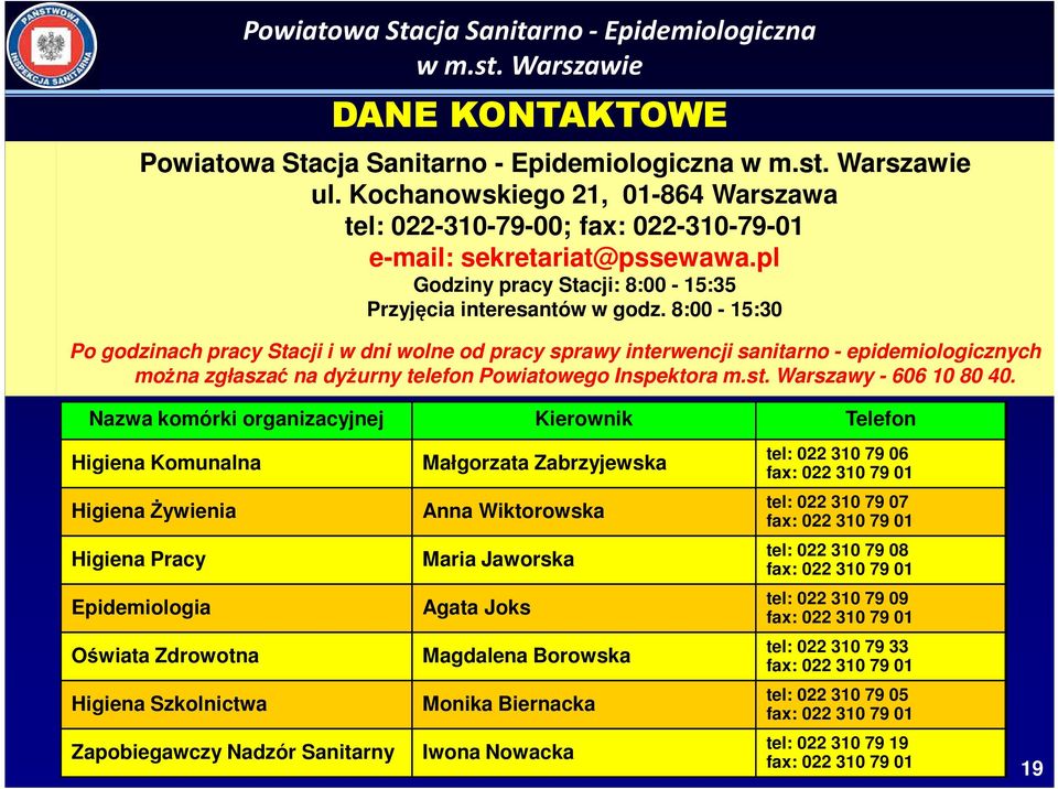 8:00-15:30 Po godzinach pracy Stacji i w dni wolne od pracy sprawy interwencji sanitarno - epidemiologicznych można zgłaszać na dyżurny telefon Powiatowego Inspektora m.st. Warszawy - 606 10 80 40.