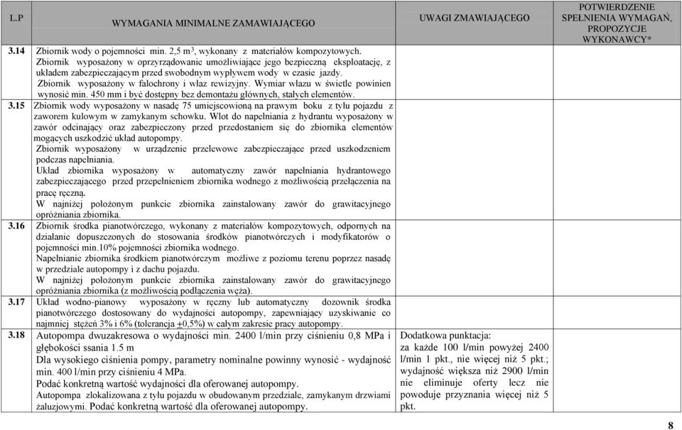 Zbiornik wyposażony w falochrony i właz rewizyjny. Wymiar włazu w świetle powinien wynosić min. 450 mm i być dostępny bez demontażu głównych, stałych elementów. 3.