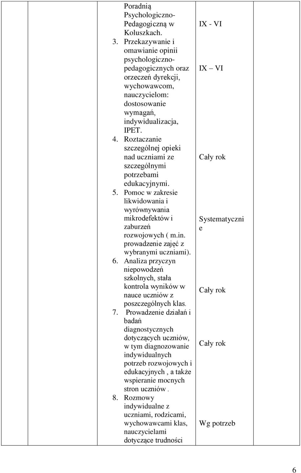 Roztaczanie szczególnej opieki nad uczniami ze szczególnymi potrzebami edukacyjnymi. 5. Pomoc w zakresie likwidowania i wyrównywania mikrodefektów i zaburzeń rozwojowych ( m.in.