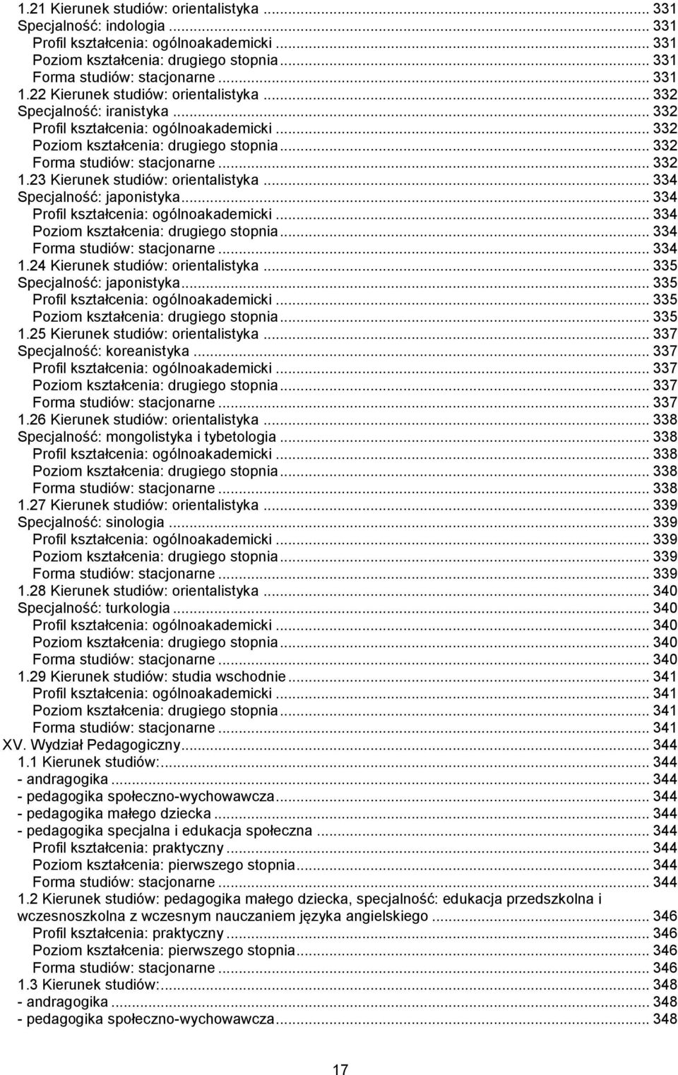 Specjalność: japonistyka... 334... 334 Poziom kształcenia: drugiego stopnia... 334 Forma studiów: stacjonarne... 334 1.24 Kierunek studiów: orientalistyka... 335 