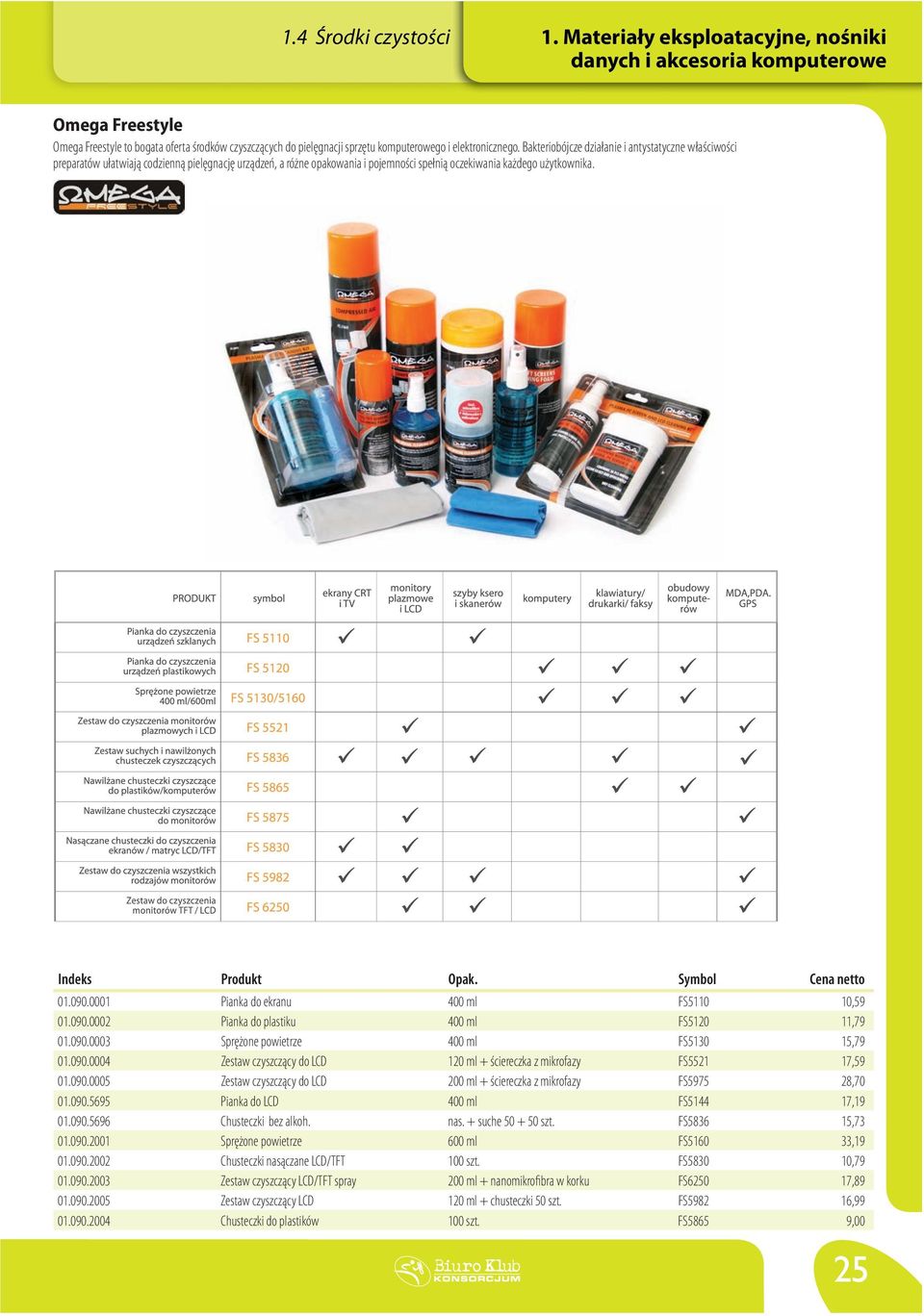 Symbol Cena netto 01.090.0001 Pianka do ekranu 400 ml FS5110 10,59 01.090.0002 Pianka do plastiku 400 ml FS5120 11,79 01.090.0003 Sprężone powietrze 400 ml FS5130 15,79 01.090.0004 Zestaw czyszczący do LCD 120 ml + ściereczka z mikrofazy FS5521 17,59 01.