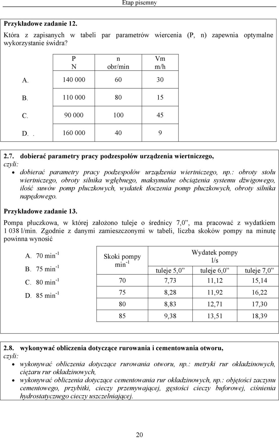 : obroty stołu wiertniczego, obroty silnika wgłębnego, maksymalne obciążenia systemu dźwigowego, ilość suwów pomp płuczkowych, wydatek tłoczenia pomp płuczkowych, obroty silnika napędowego.