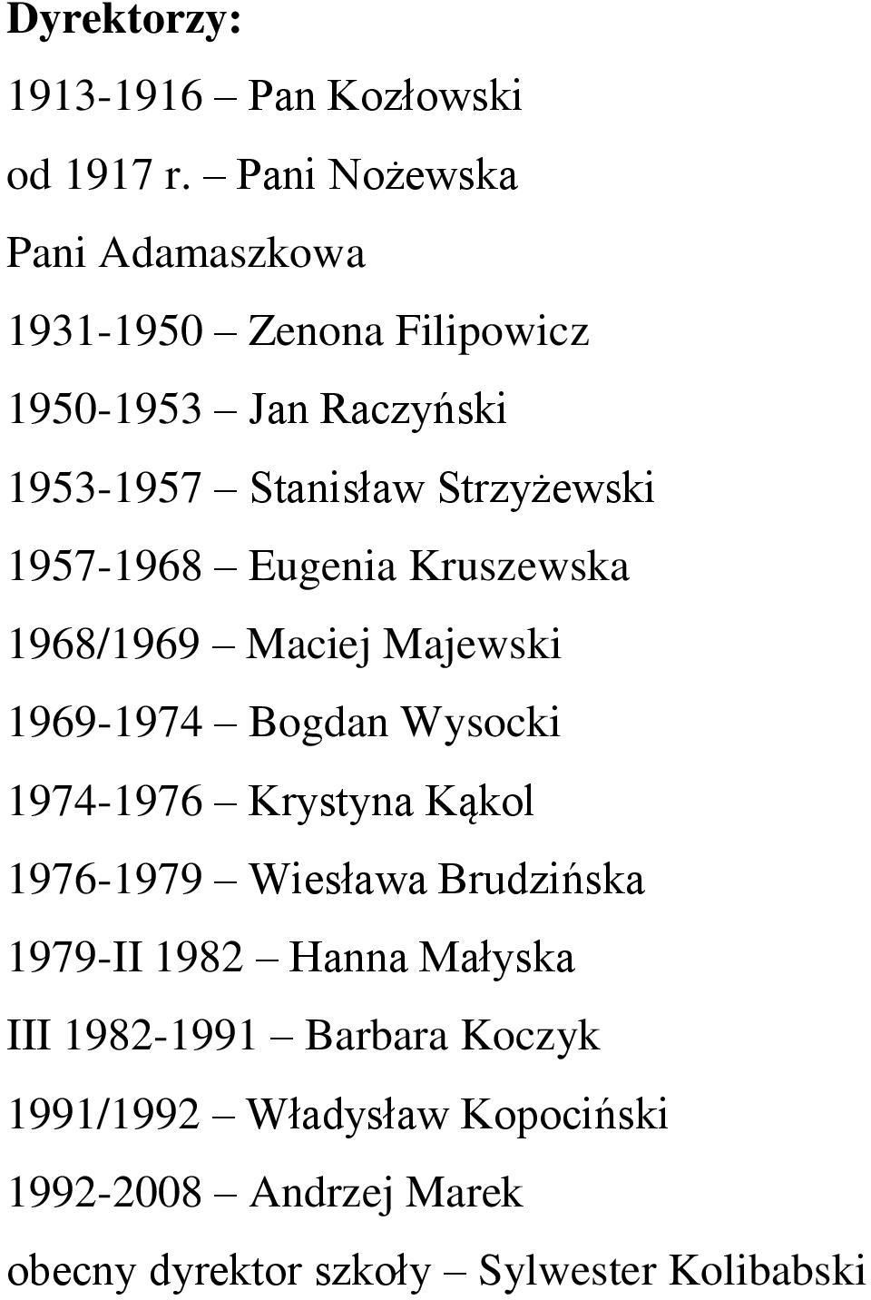 Strzyżewski 1957-1968 Eugenia Kruszewska 1968/1969 Maciej Majewski 1969-1974 Bogdan Wysocki 1974-1976 Krystyna