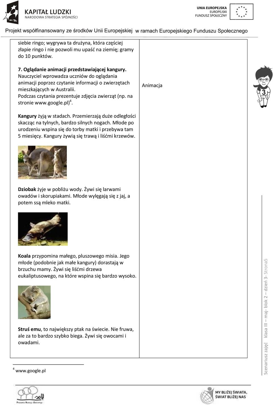 Podczas czytania prezentuje zdjęcia zwierząt (np. na stronie www.google.pl) 4. Animacja Kangury żyją w stadach. Przemierzają duże odległości skacząc na tylnych, bardzo silnych nogach.