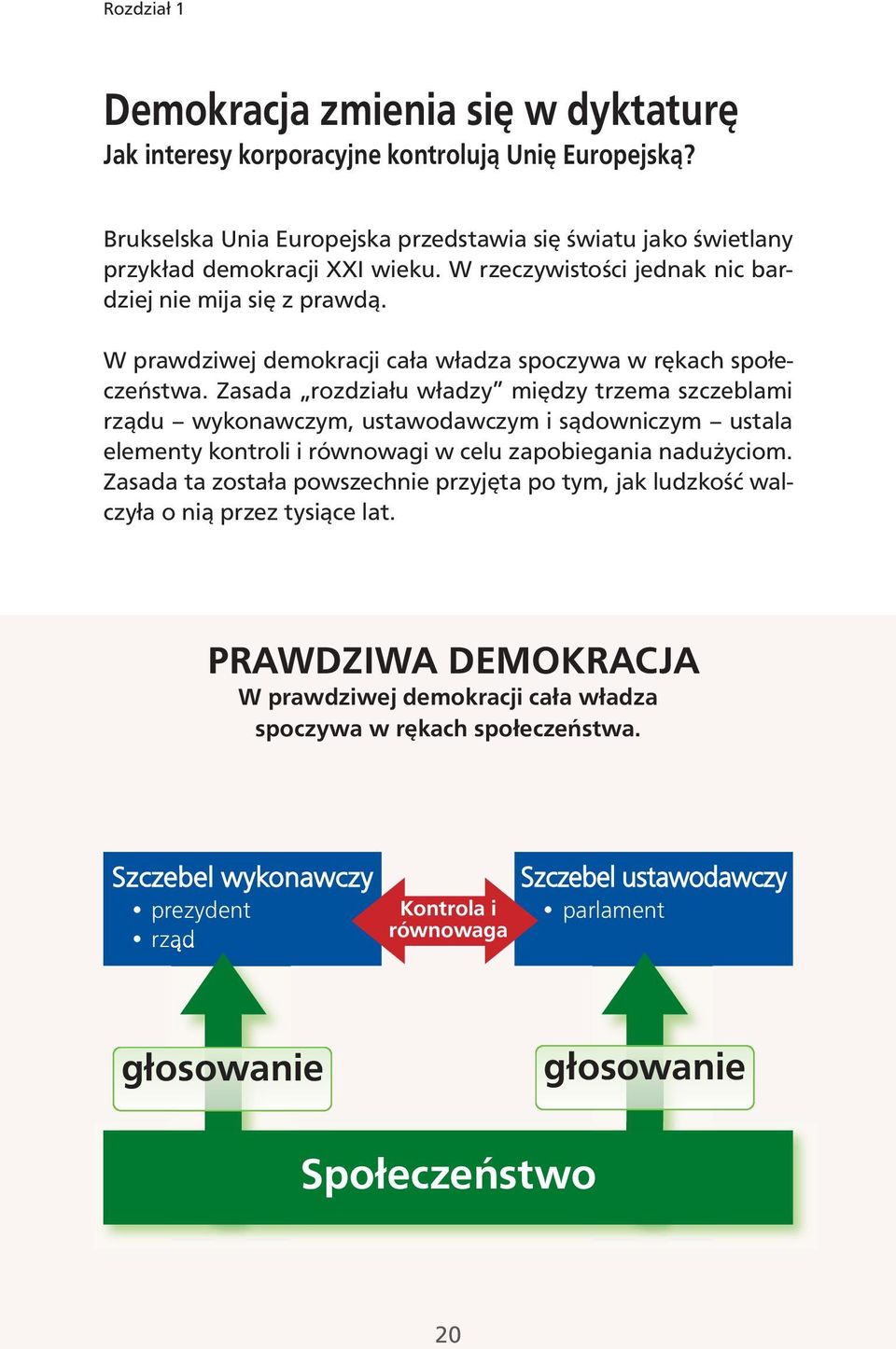 Zasada rozdziału władzy między trzema szczeblami rządu wykonawczym, ustawodawczym i sądowniczym ustala elementy kontroli i równowagi w celu zapobiegania nadużyciom.