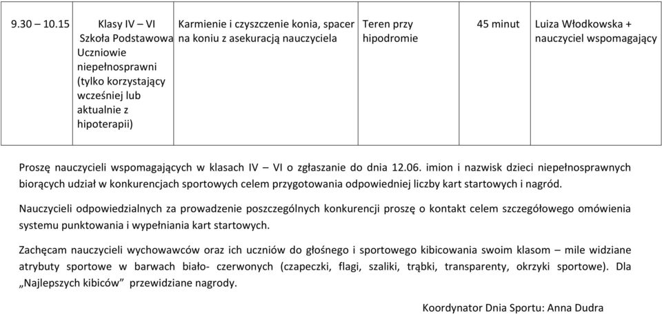 minut Luiza Włodkowska + nauczyciel wspomagający Proszę nauczycieli wspomagających w klasach IV VI o zgłaszanie do dnia 12.06.