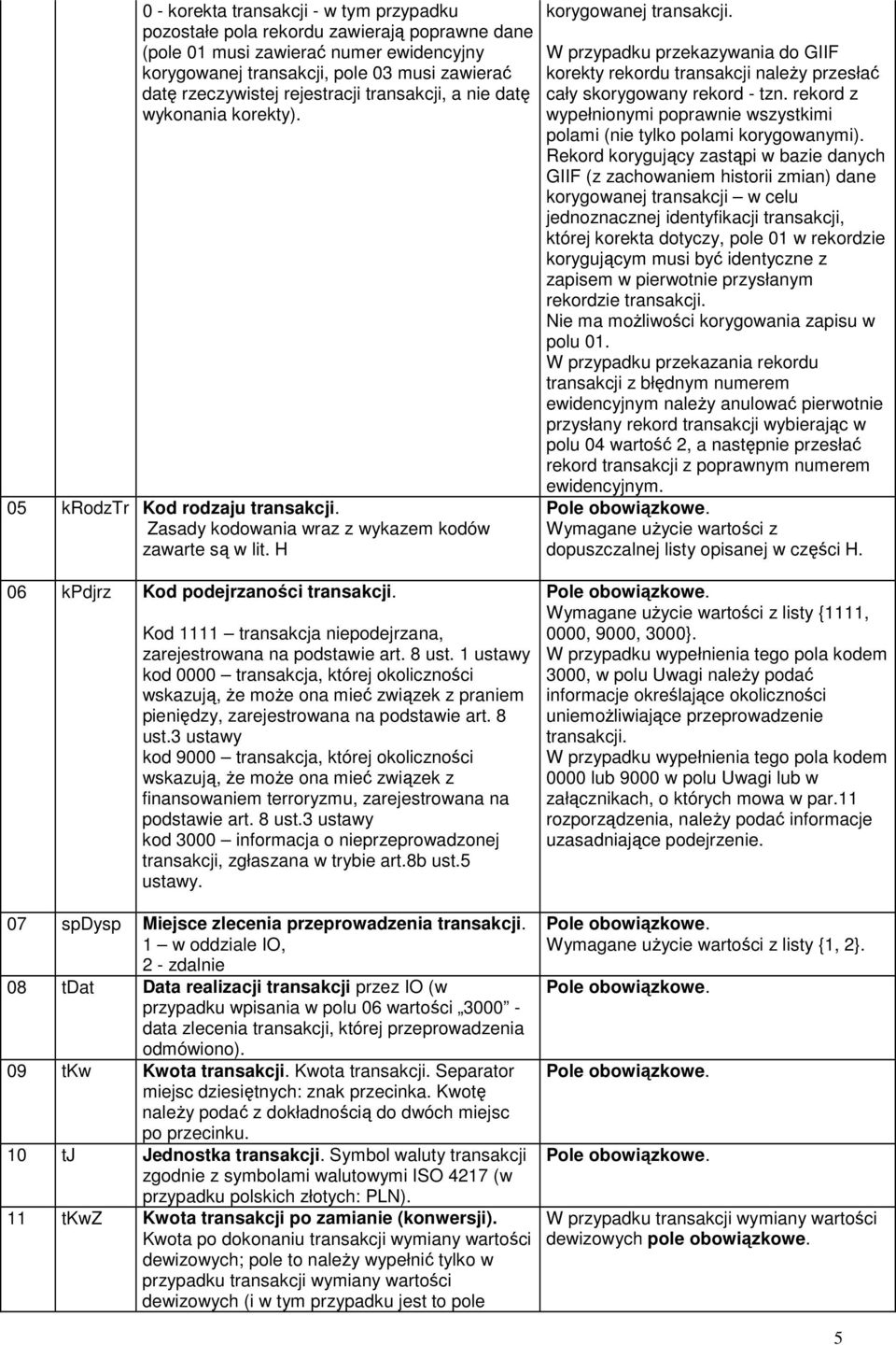 W przypadku przekazywania do GIIF korekty rekordu transakcji naleŝy przesłać cały skorygowany rekord - tzn. rekord z wypełnionymi poprawnie wszystkimi polami (nie tylko polami korygowanymi).
