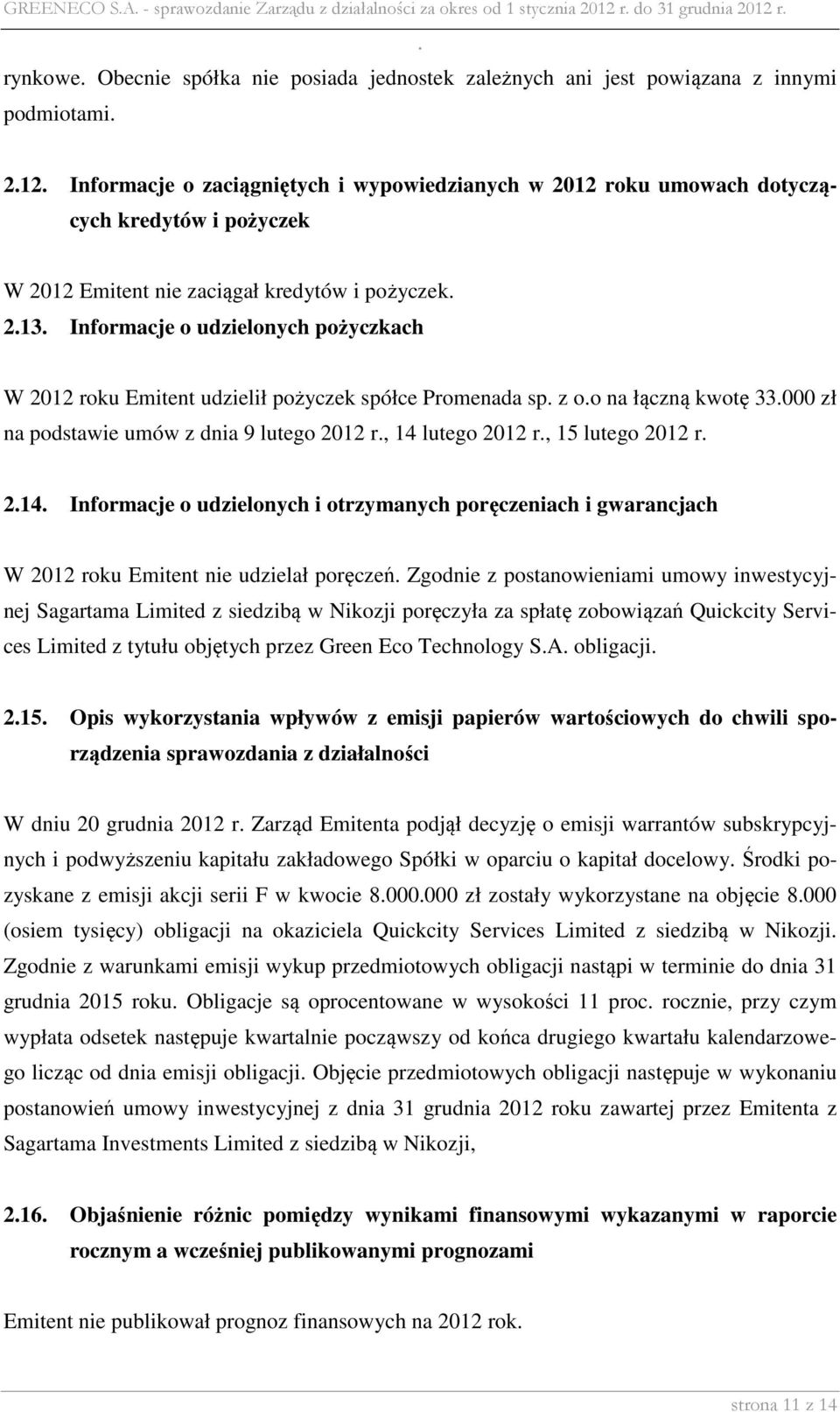 Emitent udzielił pożyczek spółce Promenada sp z oo na łączną kwotę 33000 zł na podstawie umów z dnia 9 lutego 2012 r, 14 lutego 2012 r, 15 lutego 2012 r 214 Informacje o udzielonych i otrzymanych