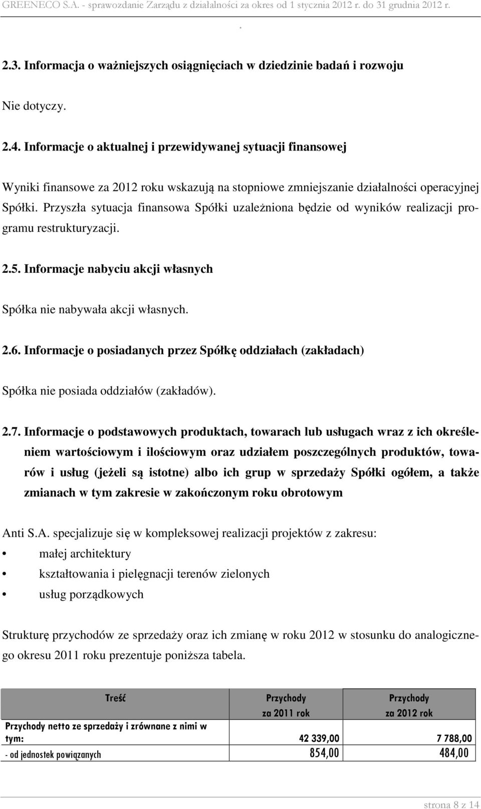 od wyników realizacji programu restrukturyzacji 25 Informacje nabyciu akcji własnych Spółka nie nabywała akcji własnych 26 Informacje o posiadanych przez Spółkę oddziałach (zakładach) Spółka nie
