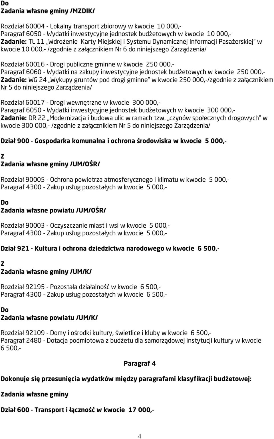 6060 - Wydatki na zakupy inwestycyjne jednostek budżetowych w kwocie 250 000,- adanie: WG 24 Wykupy gruntów pod drogi gminne w kwocie 250 000,-/zgodnie z załącznikiem Nr 5 do niniejszego arządzenia/