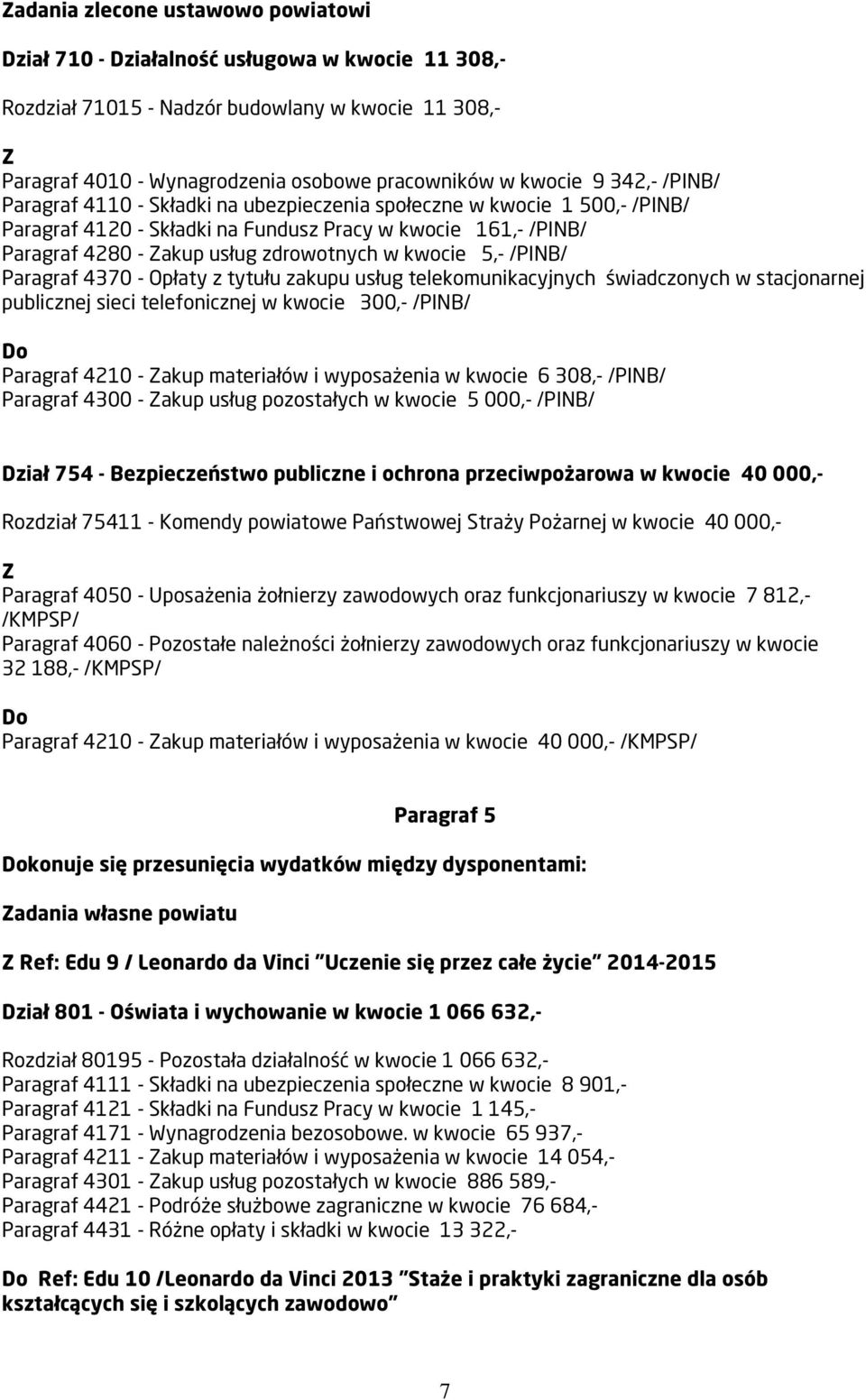 5,- /PINB/ Paragraf 4370 - Opłaty z tytułu zakupu usług telekomunikacyjnych świadczonych w stacjonarnej publicznej sieci telefonicznej w kwocie 300,- /PINB/ Paragraf 4210 - akup materiałów i