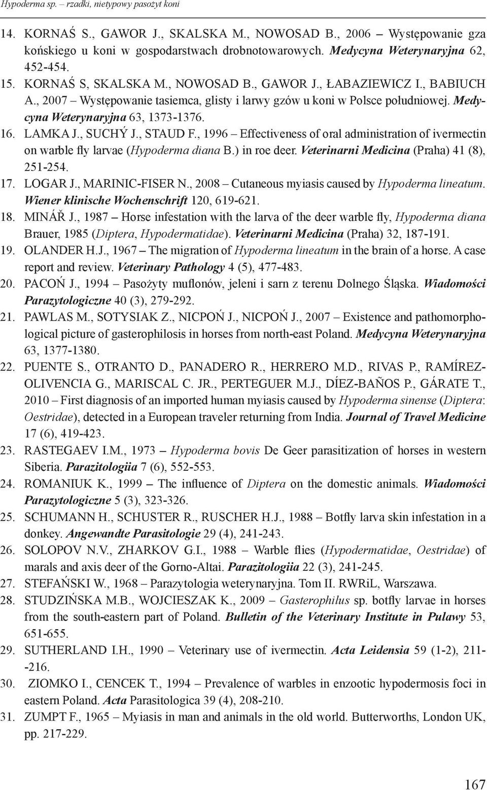 Medycyna Weterynaryjna 63, 1373-1376. 16. LAMKA J., SUCHÝ J., STAUD F., 1996 Effectiveness of oral administration of ivermectin on warble fly larvae (Hypoderma diana B.) in roe deer.