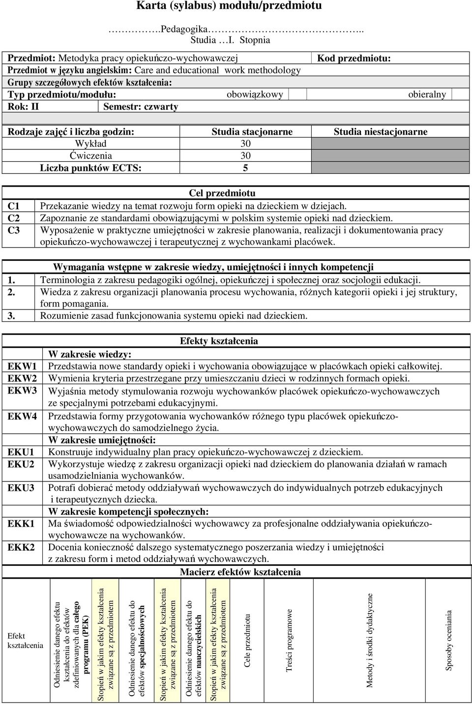 przedmiotu/modułu: obowiązkowy obieralny Rok: II Semestr: czwarty Rodzaje zajęć i liczba godzin: Studia stacjonarne Studia niestacjonarne Wykład 30 Ćwiczenia 30 Liczba punktów ECTS: 5 C1 C Cel