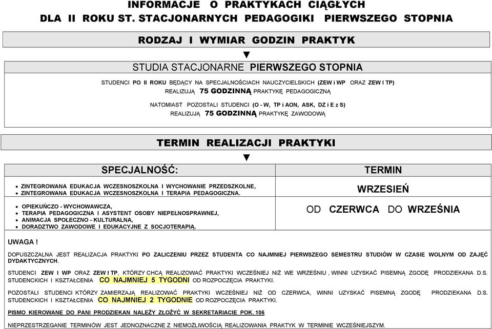 REALIZUJĄ 75 GODZINNĄ PRAKTYKĘ PEDAGOGICZNĄ NATOMIAST POZOSTALI STUDENCI (O - W, TP i AON, ASK, DZ i E z S) REALIZUJĄ 75 GODZINNĄ PRAKTYKĘ ZAWODOWĄ : TERMIN REALIZACJI PRAKTYKI WCZESNOSZKOLNA I