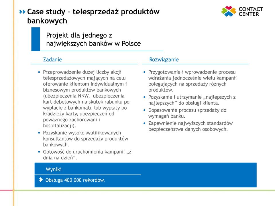 zachorowani i hospitalizacji). Pozyskanie wysokokwalifikowanych konsultantów do sprzedaży produktów bankowych. Gotowość do uruchomienia kampanii z dnia na dzień.