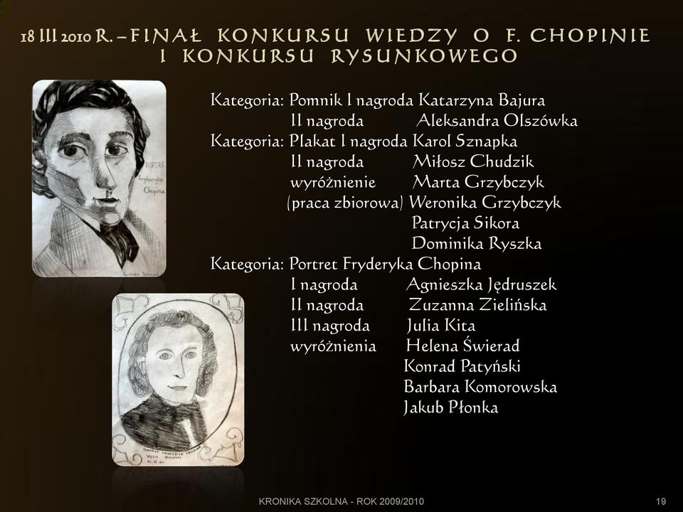 Plakat I nagroda Karol Sznapka II nagroda Miłosz Chudzik wyróżnienie Marta Grzybczyk (praca zbiorowa) Weronika Grzybczyk Patrycja Sikora Dominika