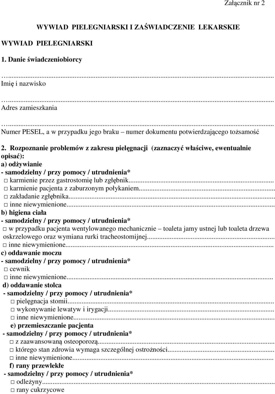 Rozpoznanie problemów z zakresu pielęgnacji (zaznaczyć właściwe, ewentualnie opisać): a) odżywianie - samodzielny / przy pomocy / utrudnienia* karmienie przez gastrostomię lub zgłębnik.