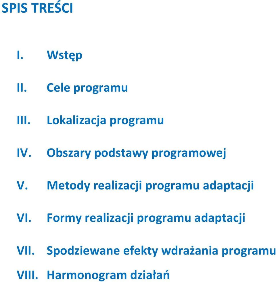 programowej V. Metody realizacji programu adaptacji VI.