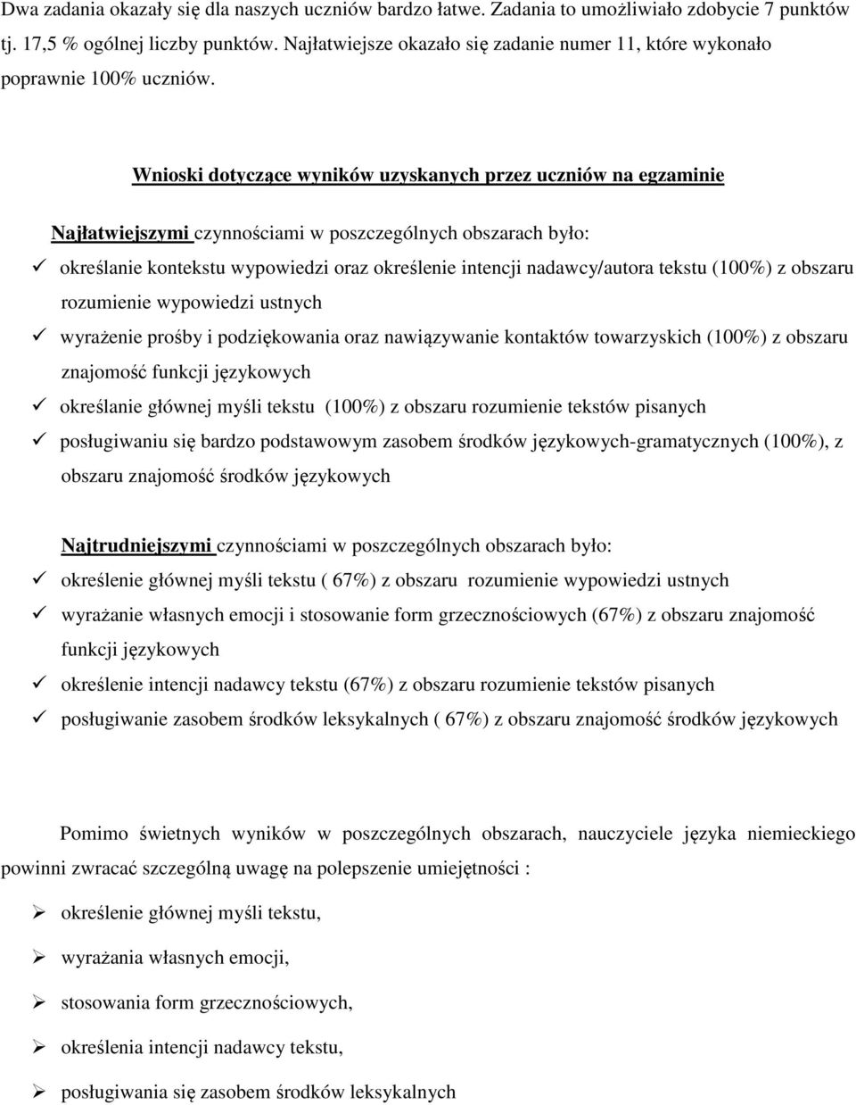 Wnioski dotyczące wyników przez uczniów na egzaminie Najłatwiejszymi czynnościami w poszczególnych obszarach było: określanie kontekstu wypowiedzi oraz określenie intencji nadawcy/autora tekstu