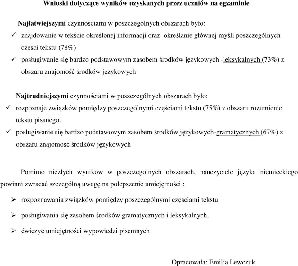 poszczególnych obszarach było: rozpoznaje związków pomiędzy poszczególnymi częściami tekstu (75%) z obszaru rozumienie tekstu pisanego.