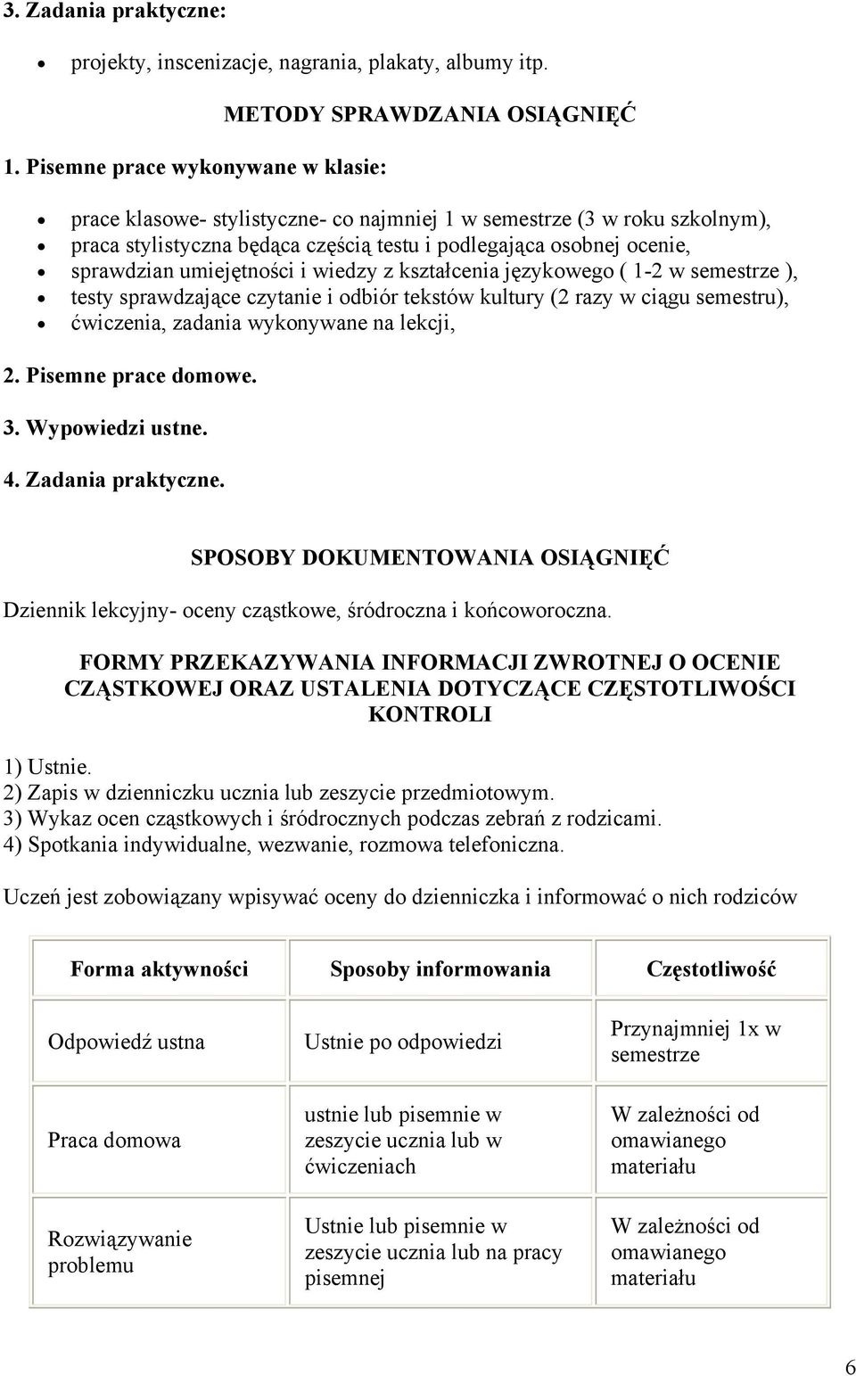 osobnej ocenie, sprawdzian umiejętności i wiedzy z kształcenia językowego ( 1-2 w semestrze ), testy sprawdzające czytanie i odbiór tekstów kultury (2 razy w ciągu semestru), ćwiczenia, zadania