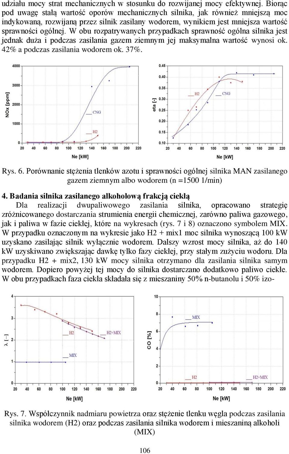 W obu rozpatrywanych przypadkach sprawność ogólna silnika jest jednak duża i podczas zasilania gazem ziemnym jej maksymalna wartość wynosi ok. 42% a podczas zasilania wodorem ok. 37%. Rys. 6.