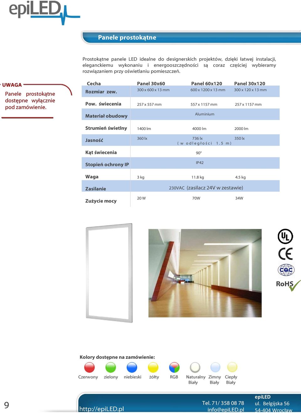 UWAGA Cecha Panel 30x60 Panel 60x120 Panel 30x120 300 x 600 x 13 mm 600 x 1200 x 13 mm 300 x 120 x 13 mm Panele prostokątne dostępne wyłącznie 257 x