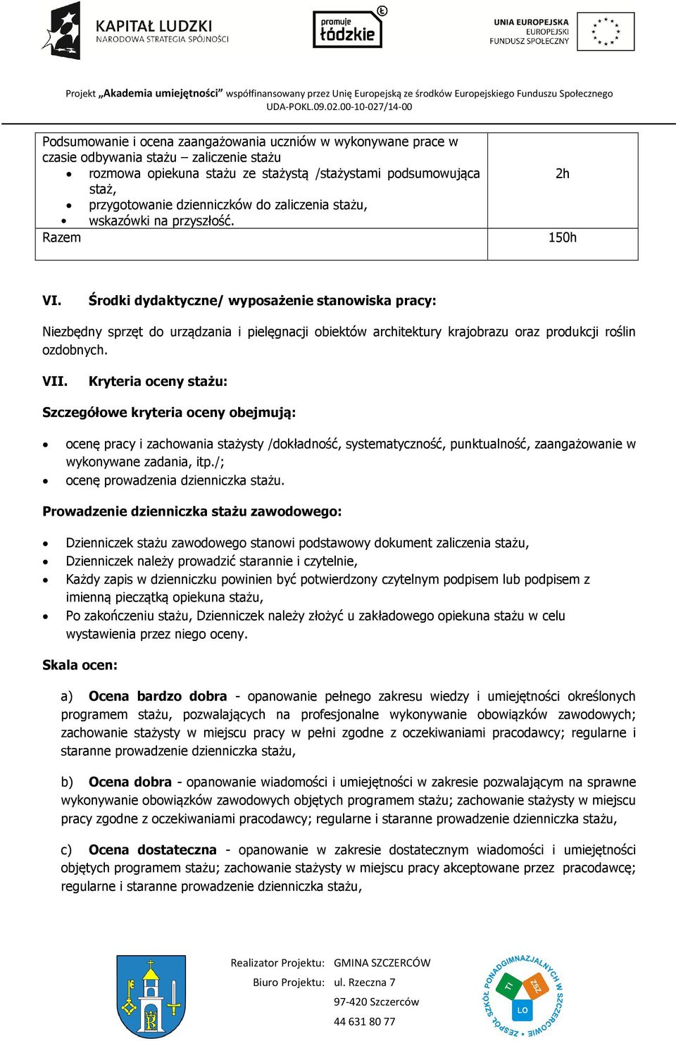 Środki dydaktyczne/ wyposażenie stanowiska pracy: Niezbędny sprzęt do urządzania i pielęgnacji obiektów architektury krajobrazu oraz produkcji roślin ozdobnych. VII.