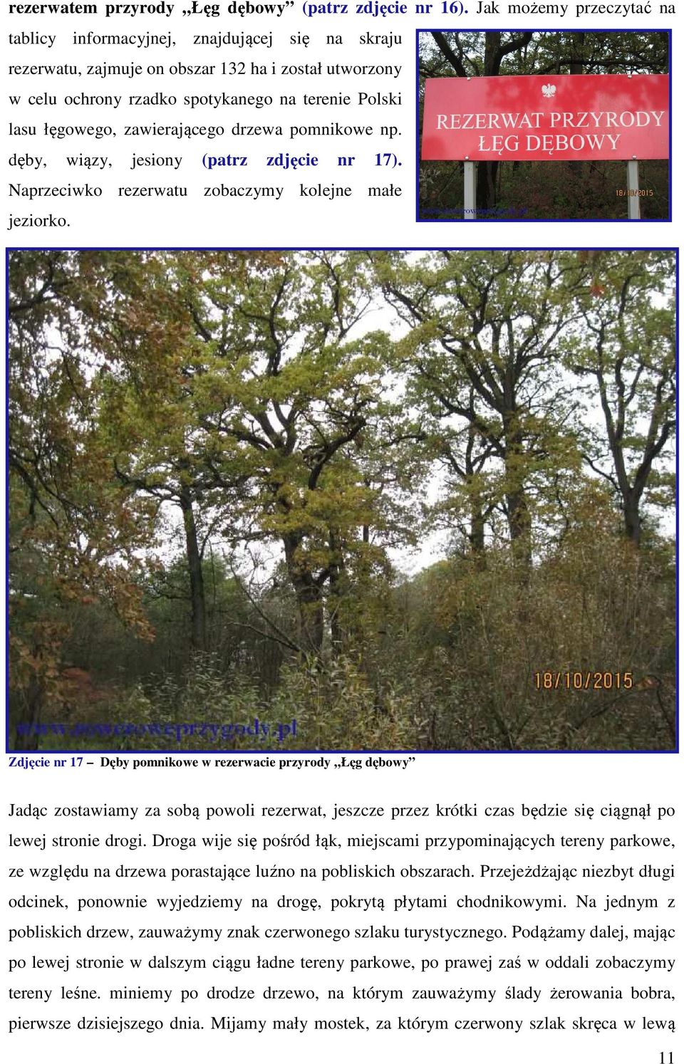 zawierającego drzewa pomnikowe np. dęby, wiązy, jesiony (patrz zdjęcie nr 17). Naprzeciwko rezerwatu zobaczymy kolejne małe jeziorko.