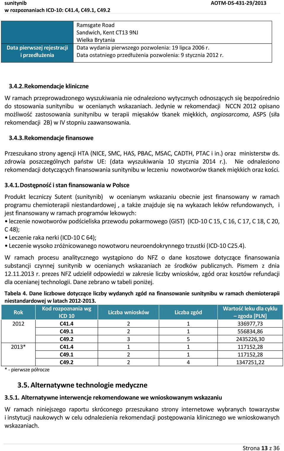 12 r. 3.4.2. Rekomendacje kliniczne W ramach przeprowadzonego wyszukiwania nie odnaleziono wytycznych odnoszących się bezpośrednio do stosowania sunitynibu w ocenianych wskazaniach.