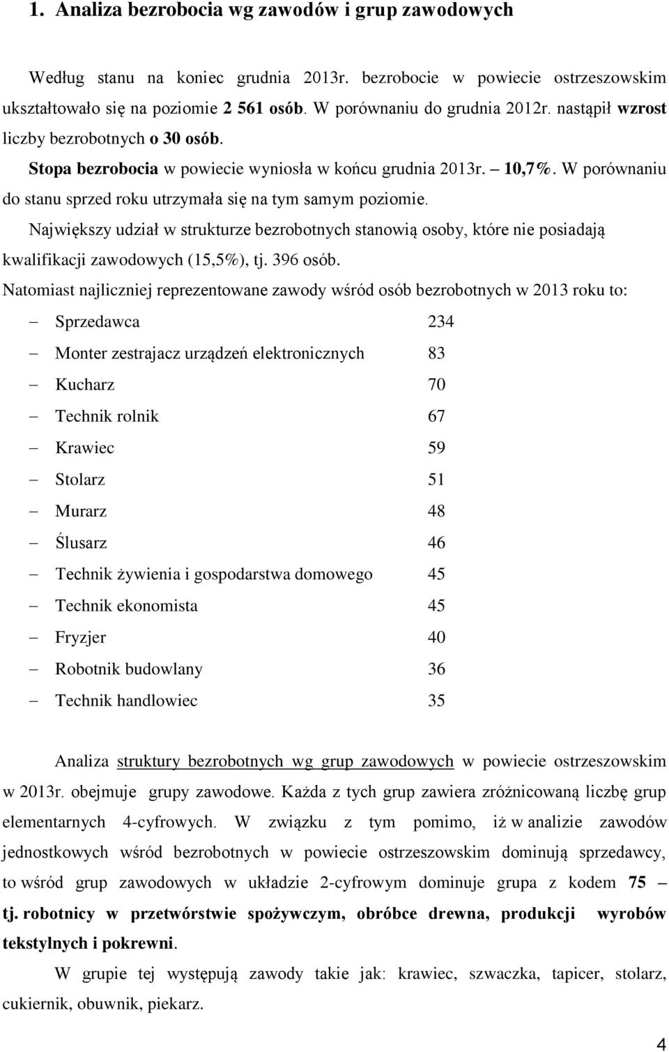Największy udział w strukturze bezrobotnych stanowią osoby, które nie posiadają kwalifikacji zawodowych (15,5%), tj. 396 osób.