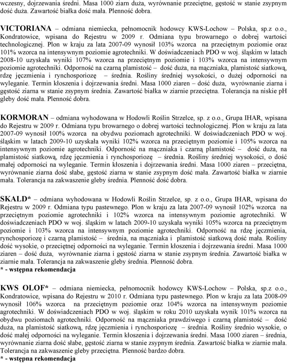 Plon w kraju za lata 2007-09 wynosił 103% wzorca na przeciętnym poziomie oraz 101% wzorca na intensywnym poziomie agrotechniki. W doświadczeniach PDO w woj.