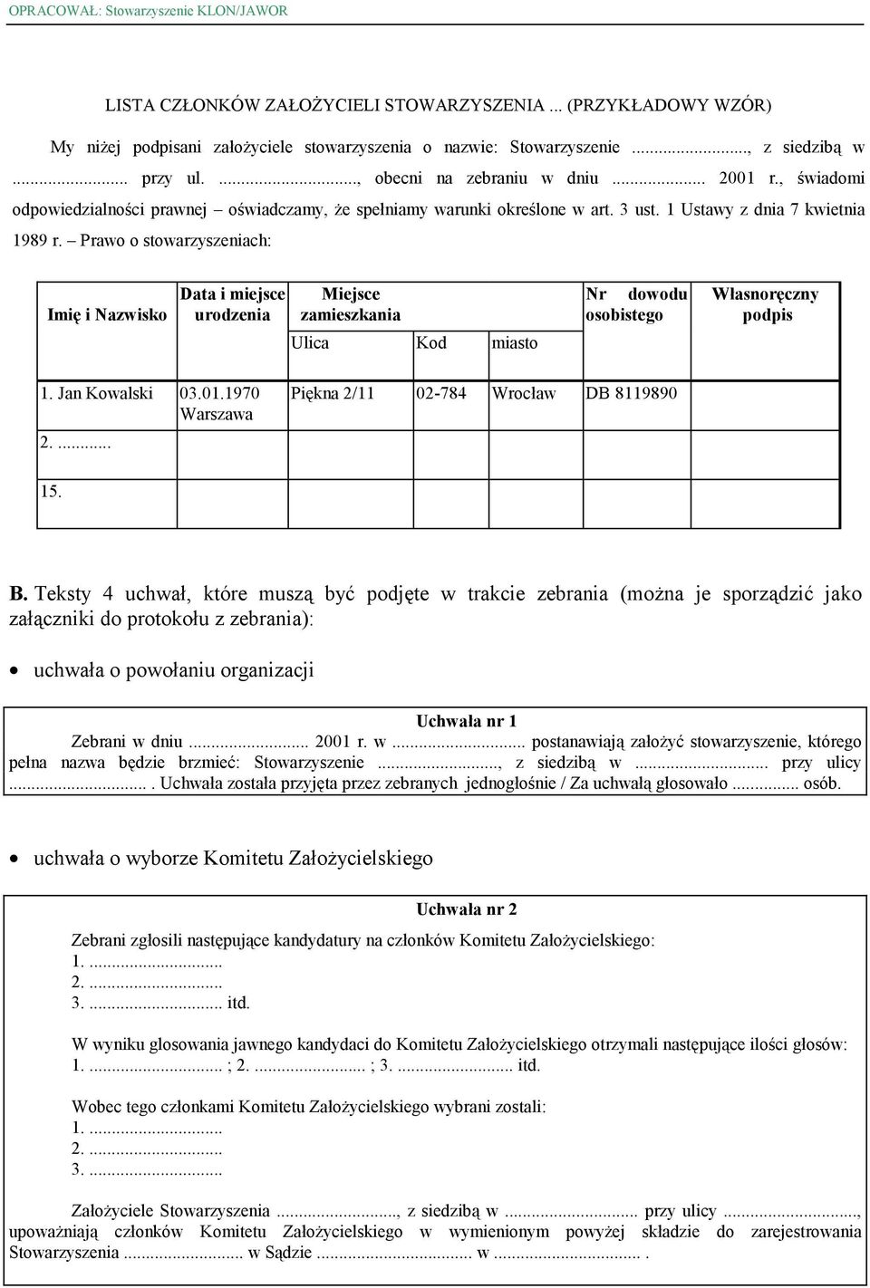 Prawo o stowarzyszeniach: Imię i Nazwisko Data i miejsce urodzenia Miejsce zamieszkania Nr dowodu osobistego Własnoręczny podpis Ulica Kod miasto 1. Jan Kowalski 03.01.1970 Warszawa 2.
