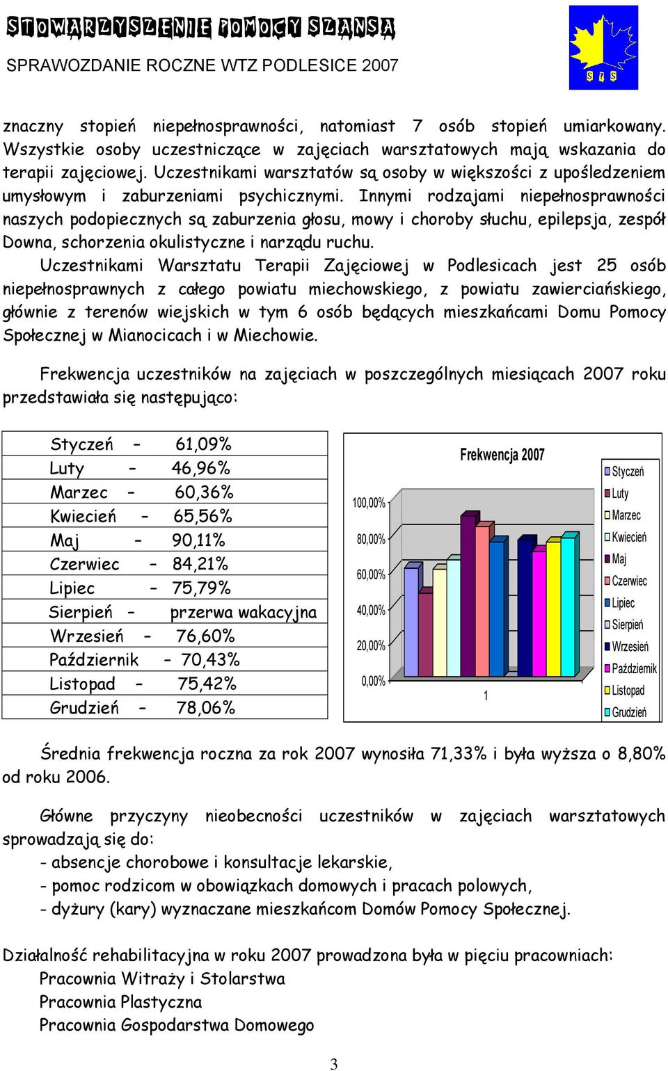 Innymi rodzajami niepełnosprawności naszych podopiecznych są zaburzenia głosu, mowy i choroby słuchu, epilepsja, zespół Downa, schorzenia okulistyczne i narządu ruchu.